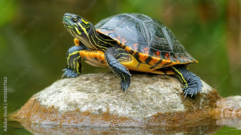 Fototapeta premium Turtle resting on a rock near calm water, colorful shell and serene environment