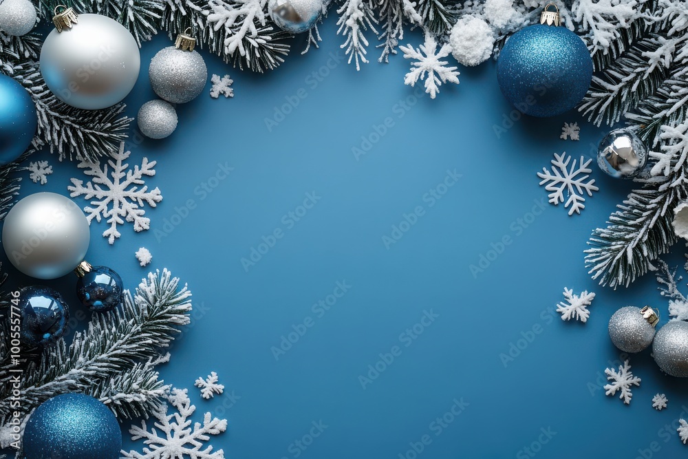 Christmas Background with Snowflakes and Blue Decorations Christmas Background with Snowflakes and Blue Decorations