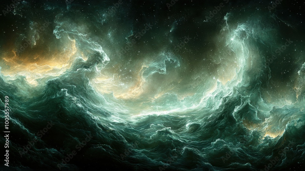 Dynamic swirling clouds with luminous highlights over a cosmic landscape during twilight showing the beauty of the night sky Dynamic swirling clouds with luminous highlights over a cosmic landscape during twilight showing the beauty of the night sky