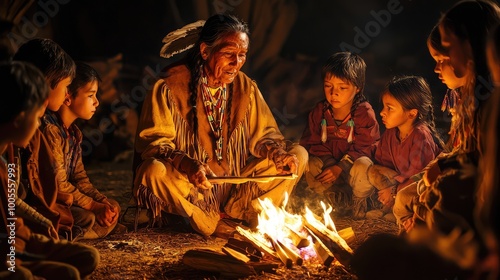 A storyteller shares wisdom around a campfire with children, creating a warm, magical atmosphere of cultural heritage and community.