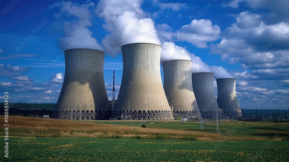 A striking image of nuclear cooling towers against a blue sky with fluffy clouds, symbolizing energy and technology. A striking image of nuclear cooling towers against a blue sky with fluffy clouds, symbolizing energy and technology.