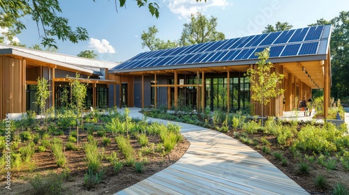 A zero-energy community center with solar panels, rain gardens for stormwater management, and interior walls made from recycled wood photo