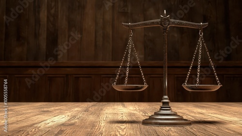 A balanced scale symbolizing justice, set against a wooden background, representing fairness and the legal system. photo