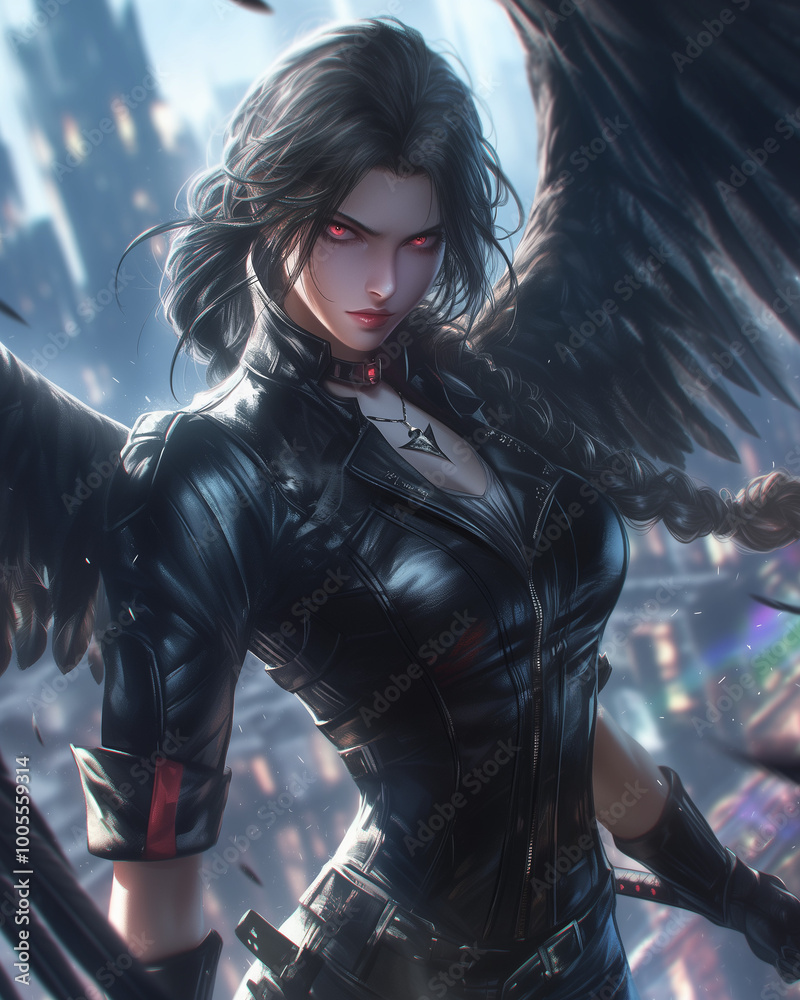 fierce female fallen angel with piercing gaze stands empowered against a radiant backdrop fierce female fallen angel with piercing gaze stands empowered against a radiant backdrop
