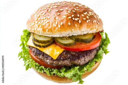 Cheeseburger, top view, isolated on white background, with a juicy beef patty, melted cheddar cheese, fresh lettuce, ripe tomato slices, and pickles, generative ai