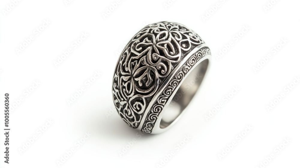 A beautifully crafted silver ring with intricate patterns, isolated on a bright white background, showcasing the artistry and detail in the metalwork. A beautifully crafted silver ring with intricate patterns, isolated on a bright white background, showcasing the artistry and detail in the metalwork.