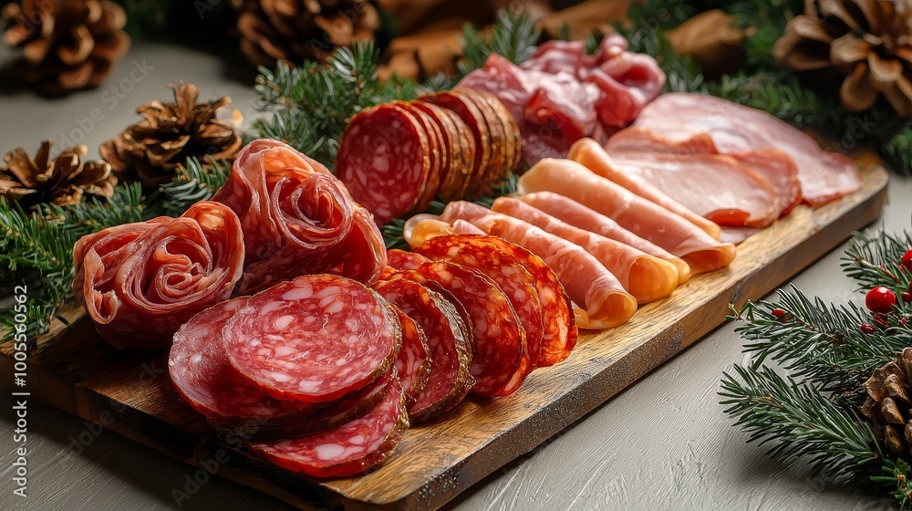 Charcuterie board with various sliced meats decorated for a festive holiday setting Charcuterie board with various sliced meats decorated for a festive holiday setting