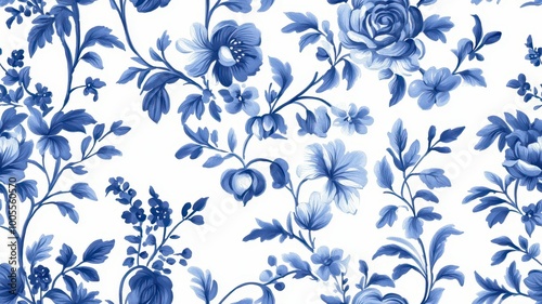 A delicate floral pattern in blue on a white background, featuring various flowers and foliage, creating a classic and elegant design.