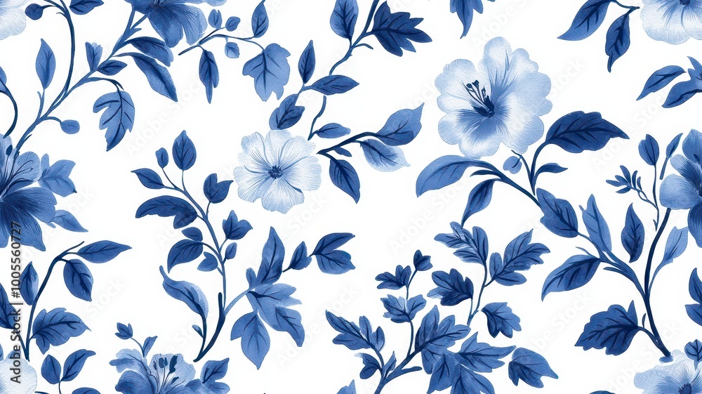 Fototapeta premium A delicate floral pattern featuring blue blossoms and green leaves against a white background, perfect for textiles or wallpaper.