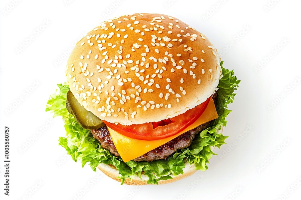Cheeseburger, top view, isolated on white background, with a juicy beef patty, melted cheddar cheese, fresh lettuce, ripe tomato slices, and pickles, generative ai Cheeseburger, top view, isolated on white background, with a juicy beef patty, melted cheddar cheese, fresh lettuce, ripe tomato slices, and pickles, generative ai