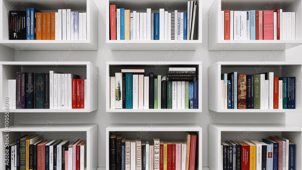 Fototapeta premium a white wooden bookcase filled with books in a public library, education, book, library, knowledge, literature, university