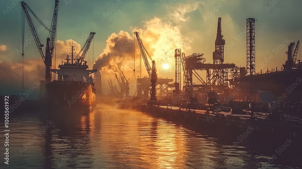 A stunning sunset over a busy harbor, highlighting cranes and ships against a dramatic sky and water reflections. A stunning sunset over a busy harbor, highlighting cranes and ships against a dramatic sky and water reflections.