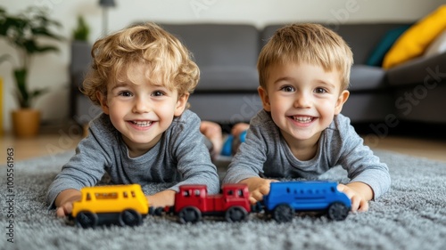 Two smiling boys playing with colorful toy trucks on a cozy carpet.