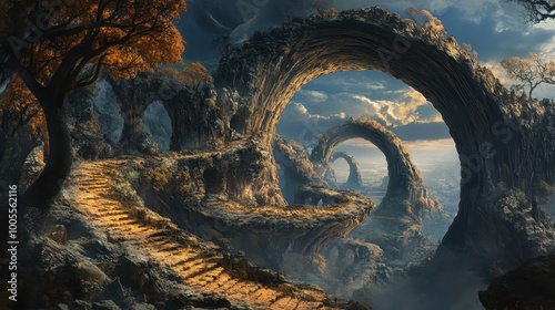 A Misty Mountain Landscape with Stone Arches and a Winding Path