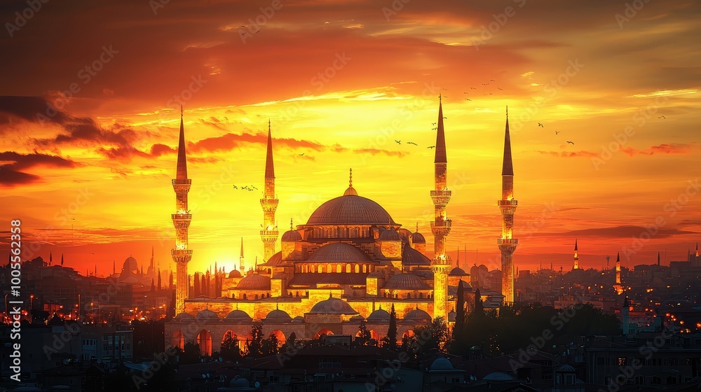 Fototapeta premium A stunning sunset view of a grand mosque, showcasing vibrant colors and majestic architecture, perfect for travel and culture themes.