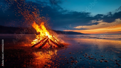 A vibrant image of a bonfire on a beach during a summer night. The bright, dancing flames are reflected in the water, and the warm glow provides a lively and festive atmosphere for beachgoers