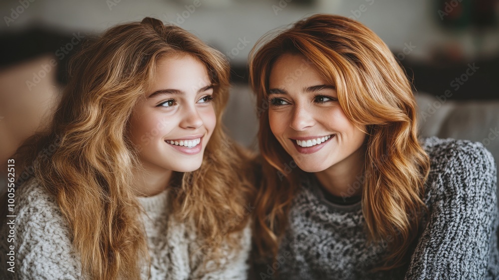 Two smiling women in cozy sweaters, enjoying a warm moment together. Two smiling women in cozy sweaters, enjoying a warm moment together.