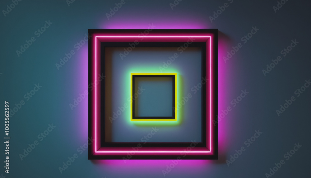 Neon square frames glowing on a textured wall Neon square frames glowing on a textured wall