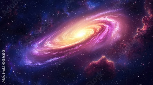 A stunning view of a colorful galaxy with vibrant swirls of purple and yellow, showcasing the beauty of outer space.