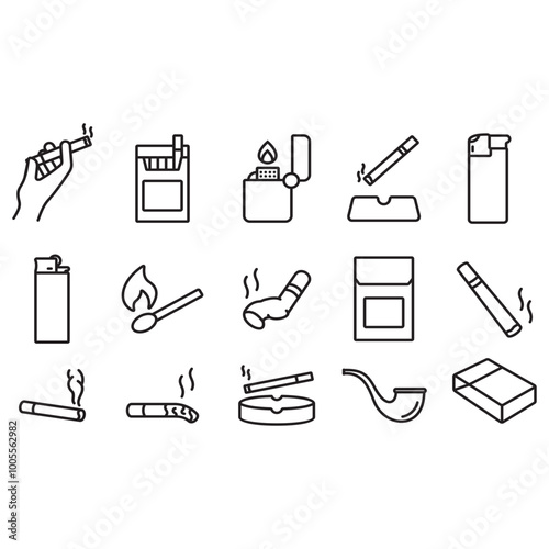Collection of cigarette icons. Contains icons such as lighter, cigarette, cigarette pack, ashtray.