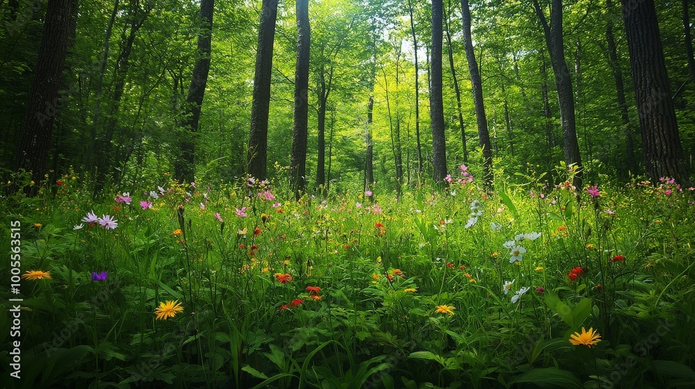 A vibrant spring forest with fresh green leaves and blooming wildflowers. The lush foliage and colorful flowers create a lively and rejuvenating natural environment. A vibrant spring forest with fresh green leaves and blooming wildflowers. The lush foliage and colorful flowers create a lively and rejuvenating natural environment.