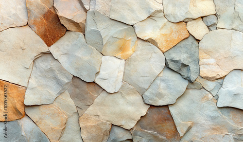  An image of an artistic stone wall with irregularly shaped stones in various colors, such as beige and gray. Created with Ai