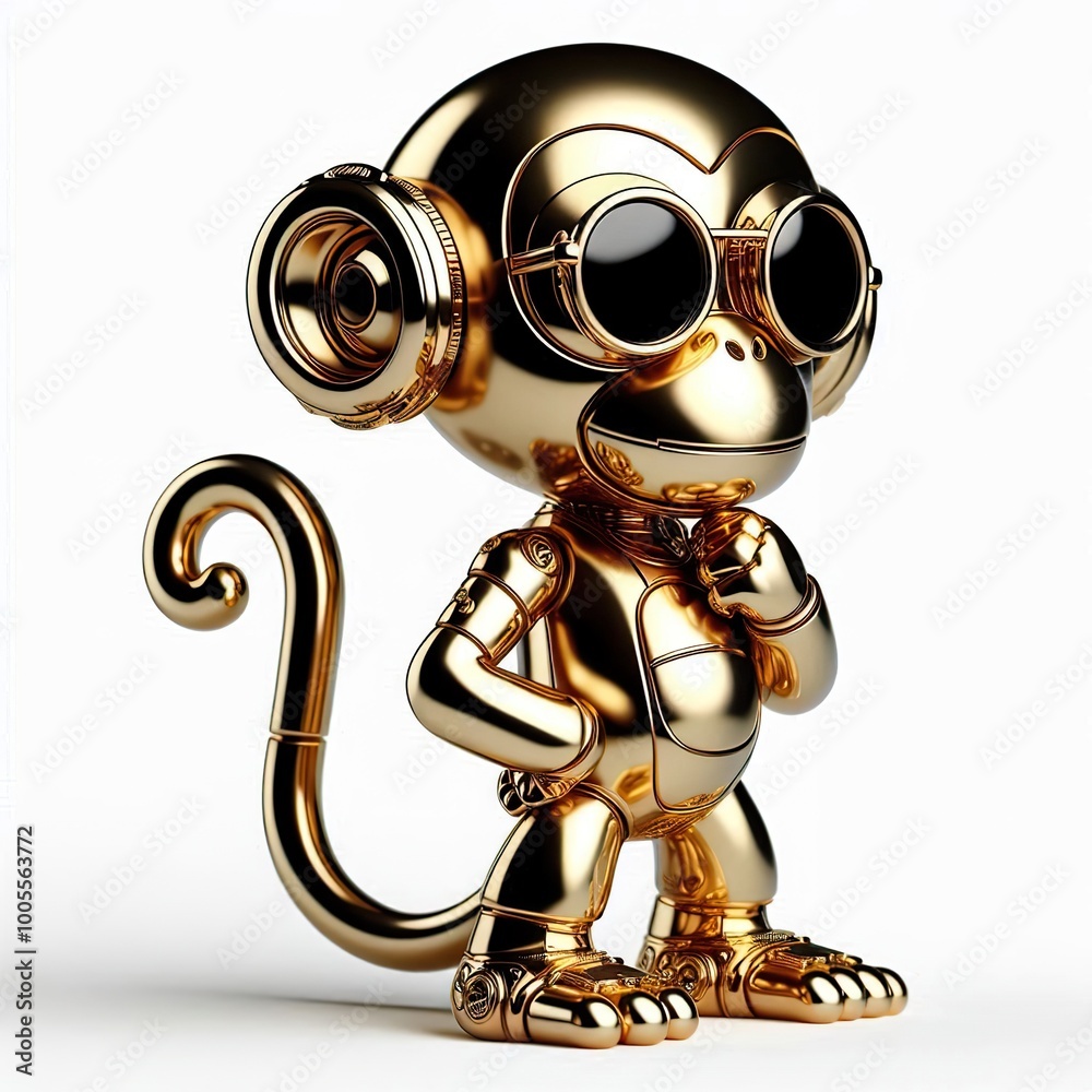 a cute and hip gold shinny metallic futuristic Chimpanzee character