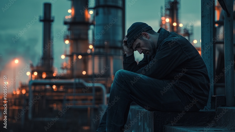 Contemplative European Male Engineer at Industrial Complex in Early Morning Light Contemplative European Male Engineer at Industrial Complex in Early Morning Light