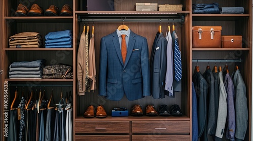 A stylish closet featuring formal wear, neatly arranged suits, shirts, and shoes, perfect for men's fashion inspiration. photo