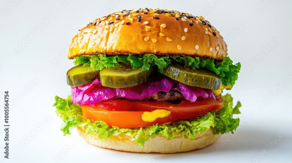 A colorful burger with a rainbow of toppings including pickles, lettuce, and tomatoes, set on a clean white background for a cheerful food presentation. A colorful burger with a rainbow of toppings including pickles, lettuce, and tomatoes, set on a clean white background for a cheerful food presentation.