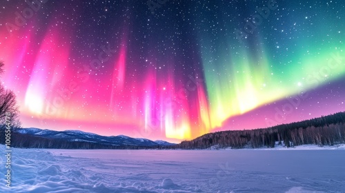 A vibrant view of the Northern Lights dancing across a clear night sky over a snowy landscape.