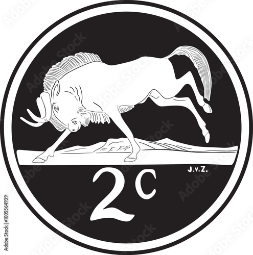 South African 2 cent coin with wildebeest vector design handmade silhouette.