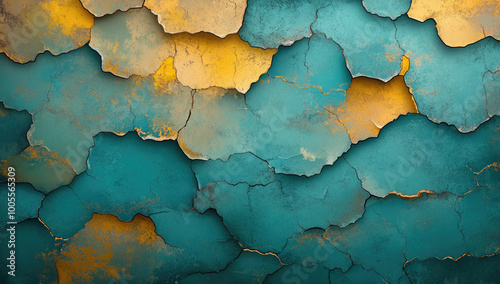 Abstract background with blue and yellow cracked paint on an old wall, the texture of peeling turquoise and golden walls. Created with Ai