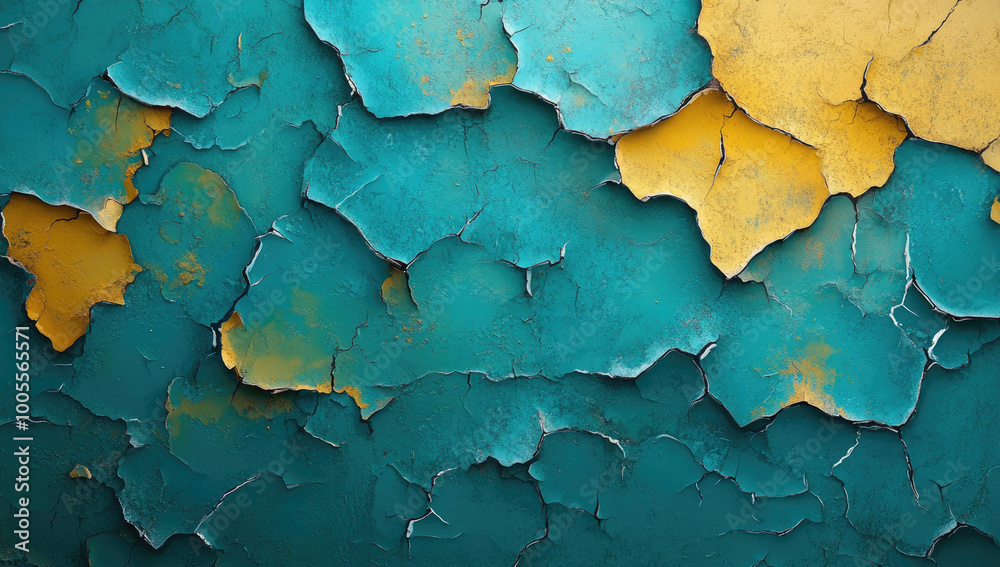 Abstract background with cracked paint in turquoise and yellow colors. Created with Ai Abstract background with cracked paint in turquoise and yellow colors. Created with Ai