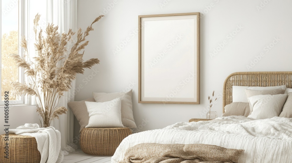 Naklejka premium A cozy bedroom with a mockup frame on a white wall, natural rattan furniture, and soft neutral tones, ideal for showcasing art or prints in a modern rustic setting.