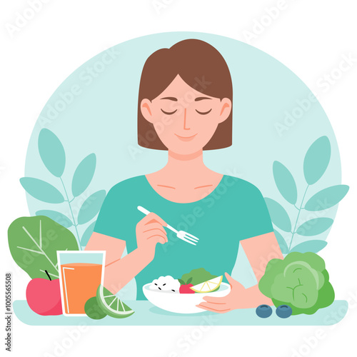 Woman Enjoying Healthy Balanced Meal with Vegetables