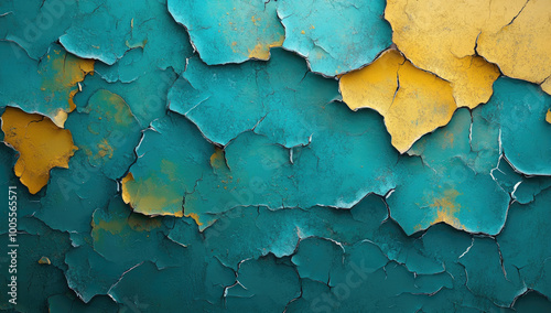 Abstract background with cracked paint in turquoise and yellow colors. Created with Ai