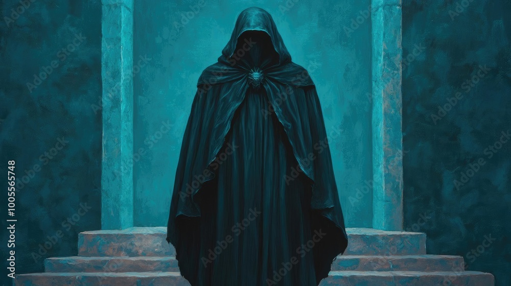 A cloaked figure offering a riddle that conceals a malevolent trap, camouflaged as a wise sage, an enigmatic and dangerous puzzle in a mystical realm A cloaked figure offering a riddle that conceals a malevolent trap, camouflaged as a wise sage, an enigmatic and dangerous puzzle in a mystical realm