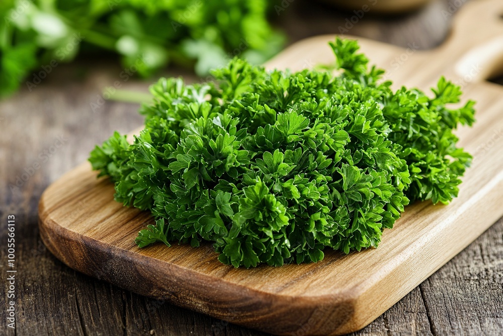 Chopping Fresh Parsley on Wooden Board, Cooking Action. Close-up, shallow dof. generative ai Chopping Fresh Parsley on Wooden Board, Cooking Action. Close-up, shallow dof. generative ai