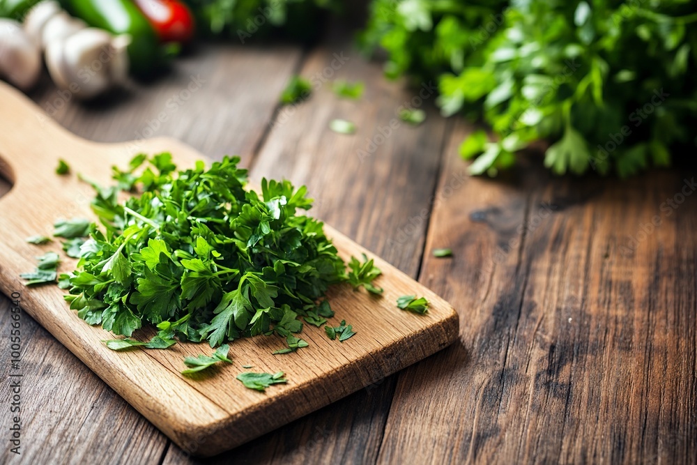 Chopping Fresh Parsley on Wooden Board, Cooking Action. Close-up, shallow dof. generative ai Chopping Fresh Parsley on Wooden Board, Cooking Action. Close-up, shallow dof. generative ai