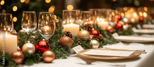 Festive Christmas table setting with candles, ornaments, and gre