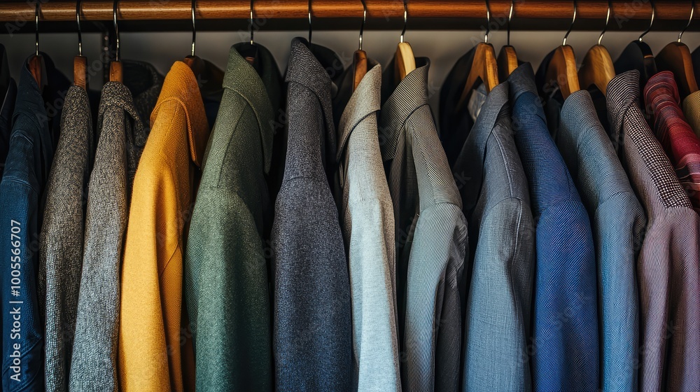 A vibrant collection of neatly hung jackets showcasing various colors and textures in an organized wardrobe setting. A vibrant collection of neatly hung jackets showcasing various colors and textures in an organized wardrobe setting.