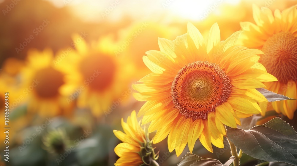 Fototapeta premium Vibrant sunflower field basking in golden sunlight, creating a warm and cheerful atmosphere.