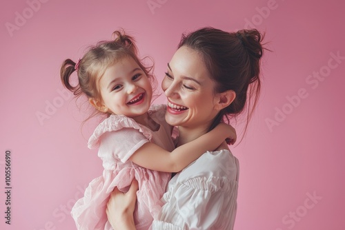 Subject: 30s woman in light clothes have fun with 5 years old girl. Portrait on solid light pink background. Perfect for Mother's Day, love family, parenthood childhood concept.