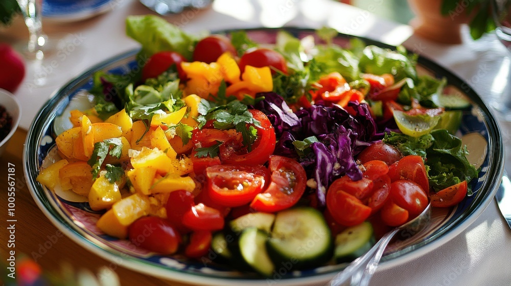 Vibrant vegetable salad with fresh greens, tomatoes, cucumbers, and colorful peppers. Vibrant vegetable salad with fresh greens, tomatoes, cucumbers, and colorful peppers.