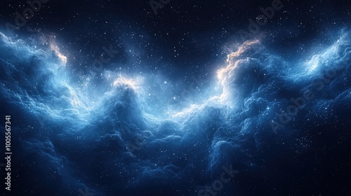 A stunning view of swirling blue and white cosmic clouds illuminated by starlight in the vastness of the universe at night