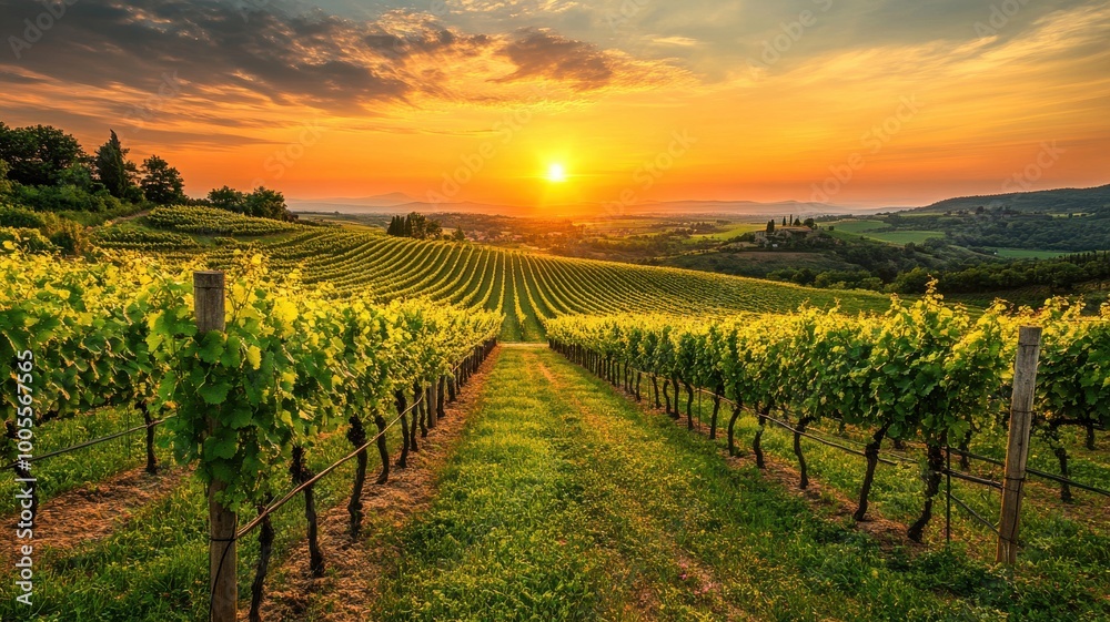 Naklejka premium Vineyard landscape under sunset with rows of grapevines and rolling hills.