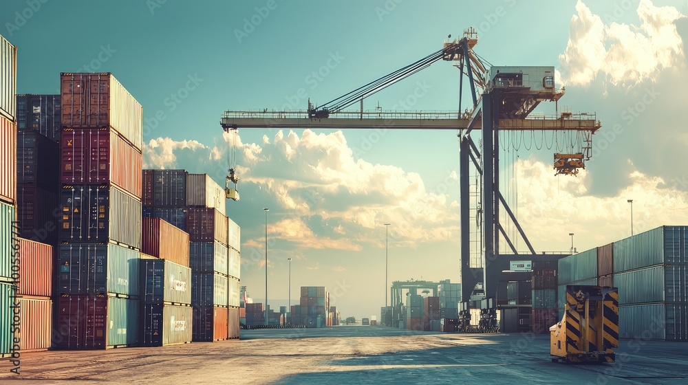 Fototapeta premium A vibrant port scene showcasing a large crane and colorful shipping containers under a dramatic sky, embodying industrial logistics.