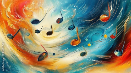 An abstract representation of music with vibrant, swirling colors and musical notes floating across the canvas.