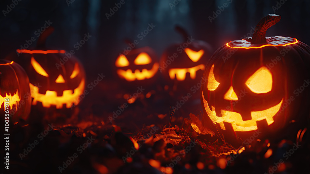 Spooky Jack-o-Lanterns at Night Multiple carved pumpkins glowing in the dark with spooky or fun designs Spooky Jack-o-Lanterns at Night Multiple carved pumpkins glowing in the dark with spooky or fun designs